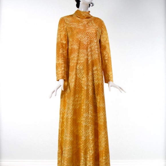 1970s Leslie Fay Original Long Gold Dress Kaftan - Picture 3 of 5